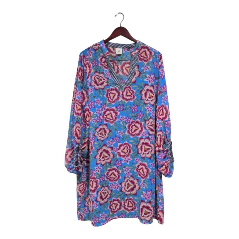 CAbi Blue Floral Long Sleeve Tunic Dress with Pink & Green Print